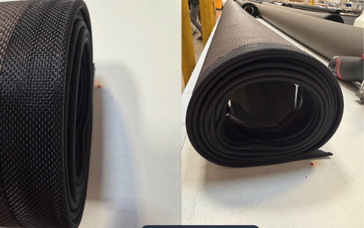 Black screen fabric rolled tightly, showing woven texture in close-up and full roll views