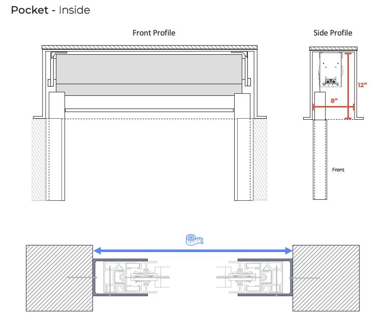 Pocket inside mount diagram showing front profile, side profile with 8" and 12" dimensions, and top-down view with bracket spacing arrow