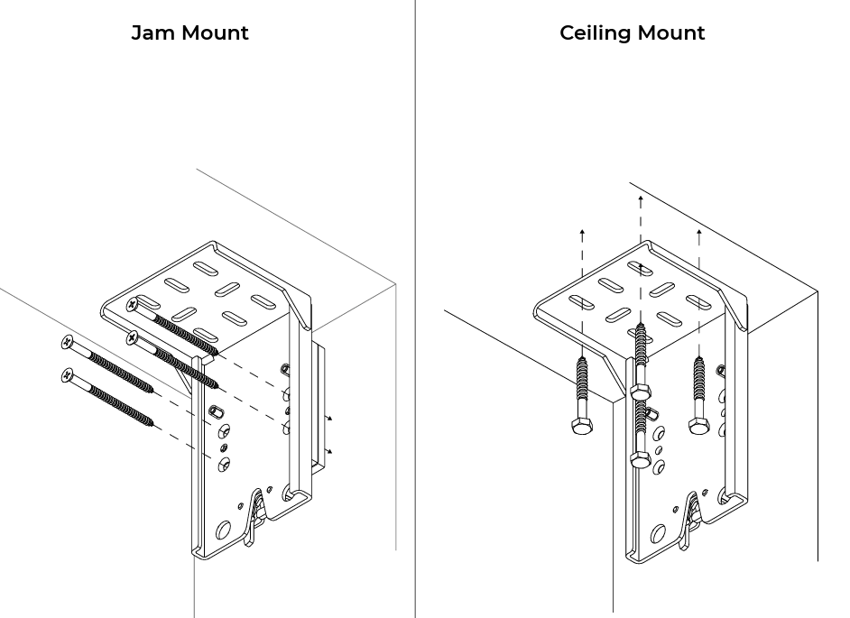 Side-by-side diagrams showing bracket screw placement for jam mount versus ceiling mount configurations