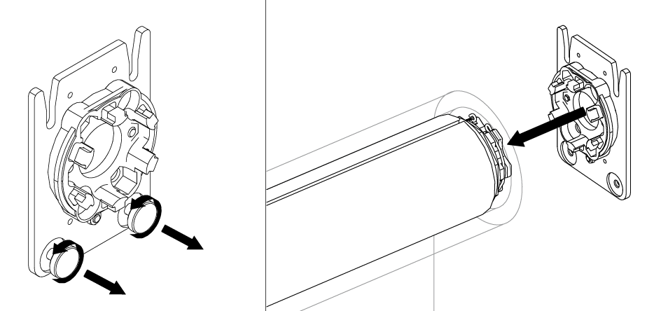 Motor end bracket exploded view showing idler pin removal, and roller tube inserting into wall-mounted bracket