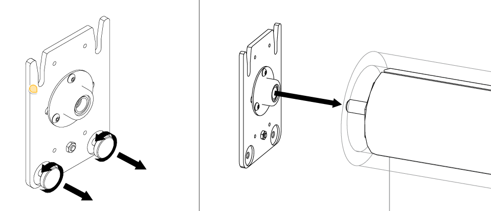 Motor bracket with set screws removed (left) and bracket aligning to roller tube for insertion (right)