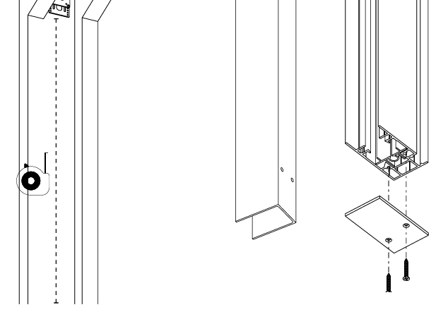 Exploded diagram showing end cap attachment with screws to aluminum track bottom, and side-mount bracket detail with dashed alignment lines