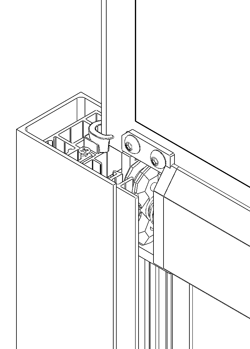 Wall-mount bracket securing vertical track to wall corner with screws, isometric detail view