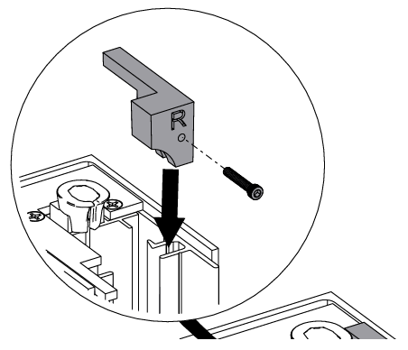 Right-side motor bracket being inserted downward into track channel, with screw shown separately