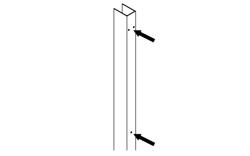 Two arrows pointing to screw locations on a vertical U-channel extrusion, top and bottom