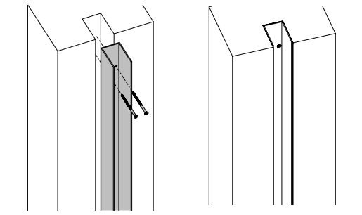 Two-panel diagram showing U-channel installed in wall pocket before and after track insertion