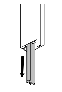 Side view of track sliding downward out of ceiling pocket channel, arrow indicating removal direction
