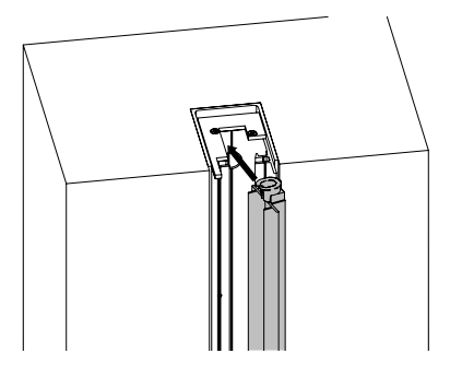 Side profile view of KAOS track system inserted into ceiling pocket recess with hardware detail
