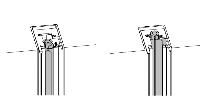 Two-panel diagram showing tensioned cable threading through top bracket fitting, before and after tightening
