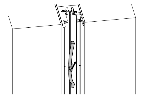Roller shade side track mounted vertically against wall with bracket detail and arrow indicating upward adjustment direction