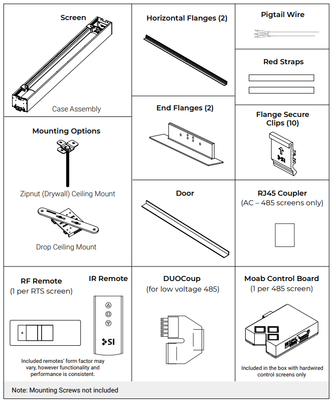 Exploded parts diagram showing all included components: screen case assembly, mounting options, flanges, door, remotes, DUOCoup, and Moab Control Board