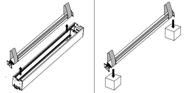 Two-panel diagram showing cassette assembly with fabric tube inserted left, and material roll removed from both ends right