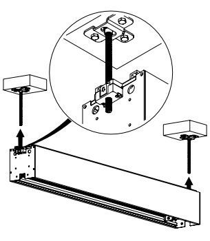 Two installers lifting Solo 3 cassette upward onto ceiling-mounted brackets, with inset detail showing bracket connection point