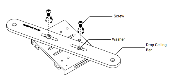 Exploded diagram showing screws and washers attaching a mounting bracket to a drop ceiling bar