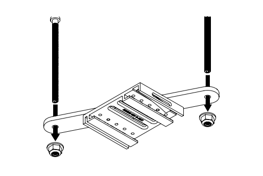 Two threaded rods inserting down into mounting nuts on either side of a ceiling bracket plate