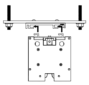 Mounting bracket sliding into cassette ceiling mount channel, arrows indicating insertion direction