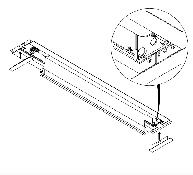 Isometric diagram showing bracket end caps aligning to cassette ends, with callout detail of internal mounting hardware and screw points.