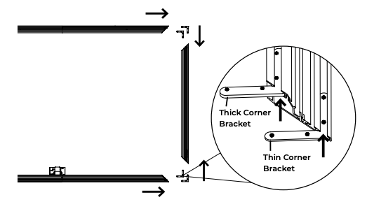 Diagram showing thin and thick corner bracket tabs inserted into outer and inner frame channels
