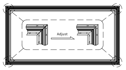 Diagram showing two corner brackets being adjusted apart along frame interior during split frame assembly