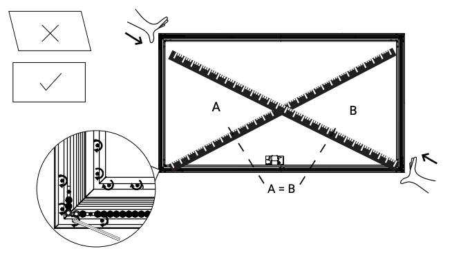 Diagram showing diagonal measurements A and B across frame to confirm equal squareness, with corner bracket detail inset