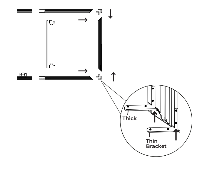 Diagram showing corner bracket assembly with thin bracket in outer channel and thick bracket in inner channel, with callout detail