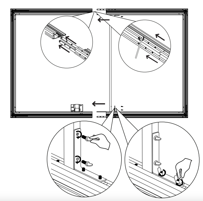 Split frame assembly diagram showing corner bracket insertion and bottom joining hardware with closeup callouts