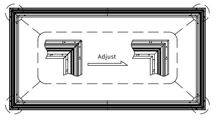 Diagram showing two corner brackets inside frame with arrow indicating outward adjustment direction