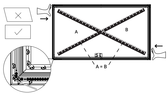 Diagram showing diagonal measurements A and B across frame to confirm equal squaring, with corner channel nut detail inset