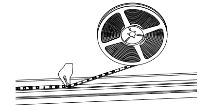 LED strip tape being unrolled from a spool onto a frame channel