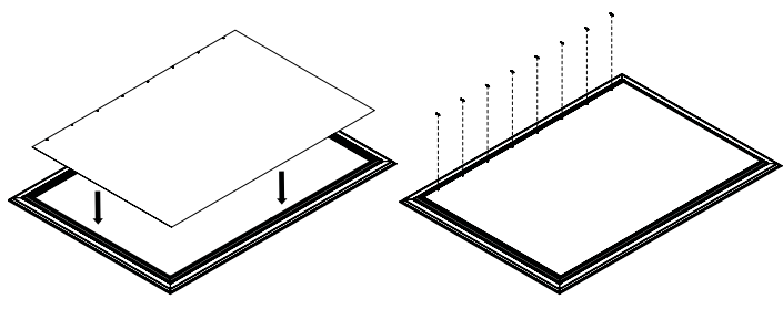 Screen panel lowering onto frame assembly, and dashed lines showing screw insertion points into frame