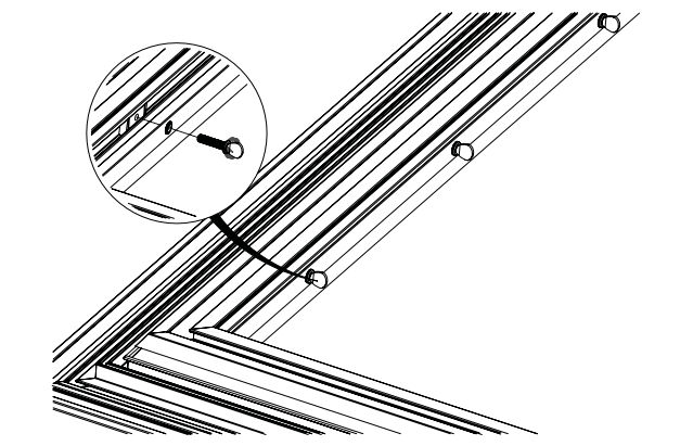 Corner bracket with set screw being tightened into frame channel, with close-up callout detail