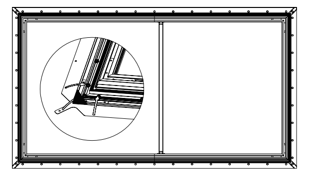 Corner bracket installation showing thin tab in outer channel and thick tab in inner channel, with callout circle detail