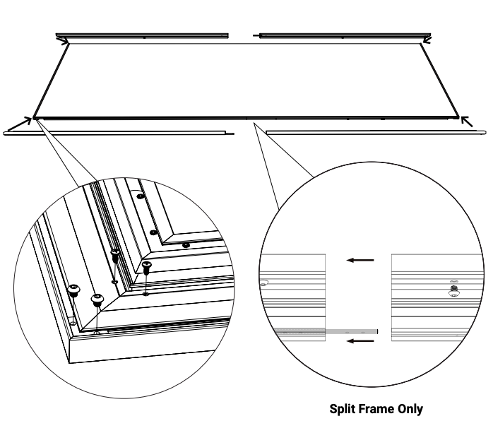 Split frame assembly diagram showing two halves joining at center with screw and alignment details