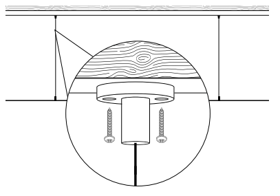 Ceiling-mount bracket secured to wood joist with two screws, magnified detail view