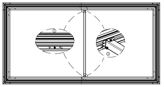 Corner bracket installation showing thin tab in outer channel and thick tab in inner channel, with two callout details