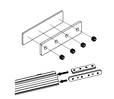 Step 2 diagram showing center connector bracket aligning with screws and sliding into vertical I-beam support rails