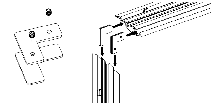 Corner bracket assembly exploded view and installation onto frame channel with directional arrows