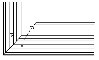 Corner bracket assembly showing two screw positions at frame corner, with arrow indicating alignment direction