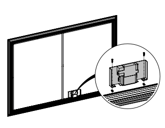 Control box mounted to bottom frame rail with screws, shown in close-up callout circle