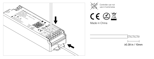 LED controller with arrows showing wire insertion into terminal block and minimum 10mm strip length diagram