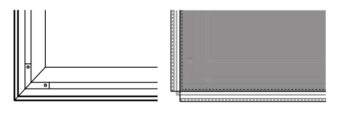 Corner bracket installation showing 4 brackets per corner, with and without hex heads, front and rear views
