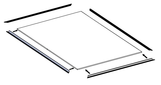 Two trim strips separating from the sides of a flat screen panel, shown with directional arrows