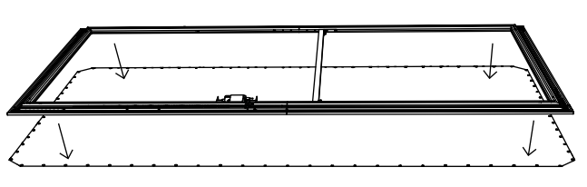 Split frame assembly laid flat showing center joiner bracket and dotted stitch lines indicating material attachment points