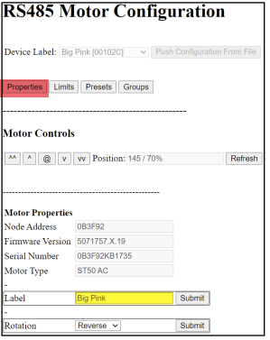 RS-485 Motor Properties