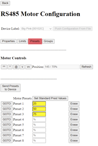 RS-485 Motor Presets