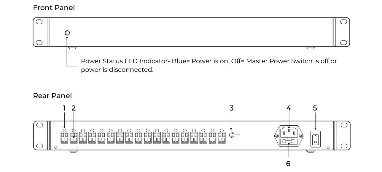 Niño front panel with LED indicator callout and rear panel diagram showing six labeled components including outputs, voltage adjustment, power inlet, switch, and fuse
