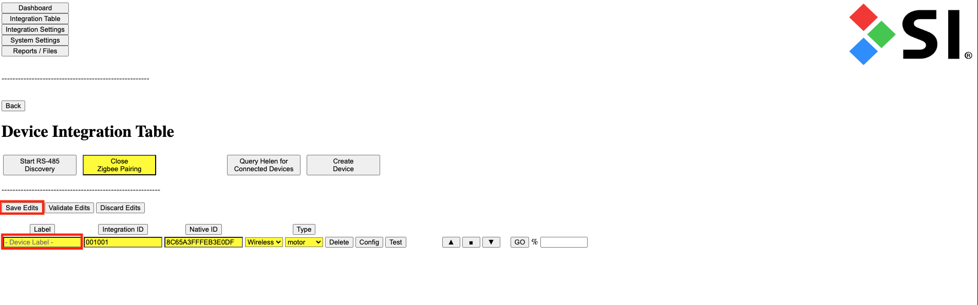 Device Integration Table showing a paired Zigbee Niño shade entry with Label, Integration ID, and Native ID fields highlighted in yellow, with Save Edits button outlined in red