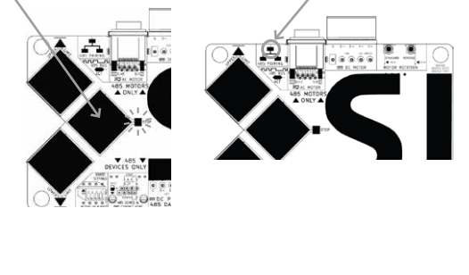 Arrow pointing to 485 Pairing LED location on MOAB board, with paired board comparison shown at right