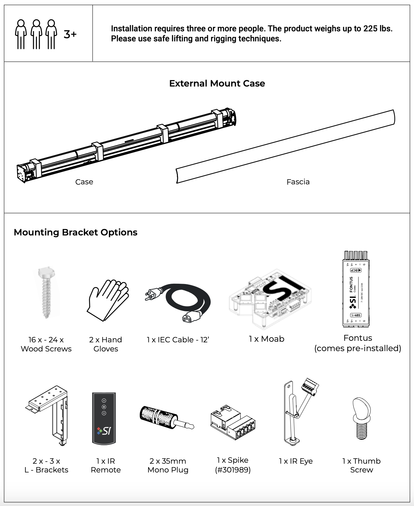 External Mount Case components and included accessories: case, fascia, screws, gloves, IEC cable, Moab, Fontus, L-brackets, IR remote, mono plugs, spike, IR eye, and thumb screw