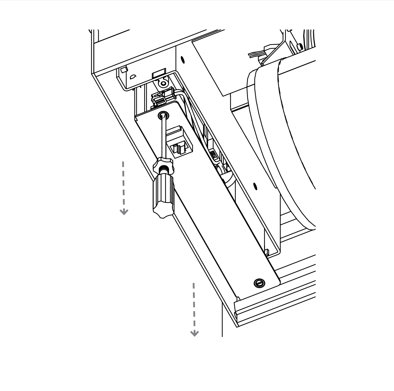 Screwdriver inserting screw into Zero G enclosure interior, with two downward arrows indicating direction